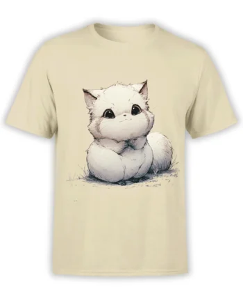 Beige unisex t-shirt featuring a fluffy chibi-style kitten sketch with big eyes and tiny paws, sitting calmly on a patch of grass