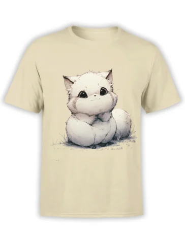 Beige unisex t-shirt featuring a fluffy chibi-style kitten sketch with big eyes and tiny paws, sitting calmly on a patch of grass