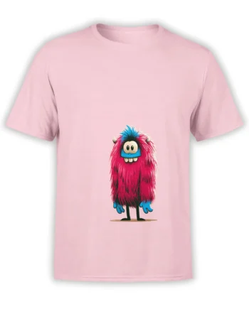 pastel pink unisex T-shirt featuring a fuzzy pink and blue cartoon monster with big teeth standing centered on the chest