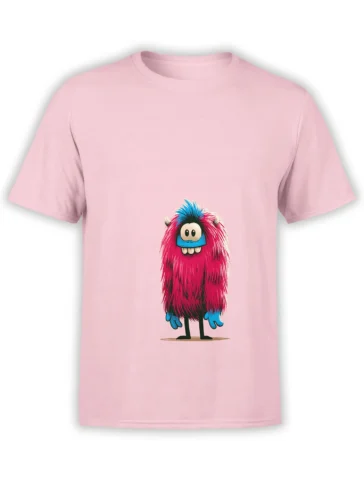 pastel pink unisex T-shirt featuring a fuzzy pink and blue cartoon monster with big teeth standing centered on the chest