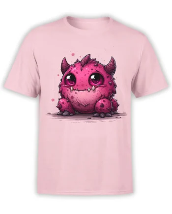 pastel pink unisex t-shirt with cute round pink monster graphic featuring big shiny eyes and small horns on the chest