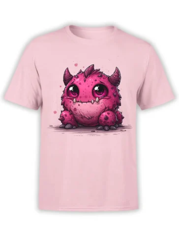 pastel pink unisex t-shirt with cute round pink monster graphic featuring big shiny eyes and small horns on the chest