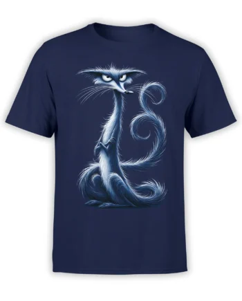 navy unisex t-shirt with a tall blue-white fluffy cat graphic showing a sly, judging expression and curling tail