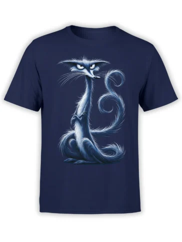navy unisex t-shirt with a tall blue-white fluffy cat graphic showing a sly, judging expression and curling tail
