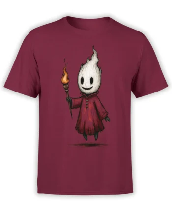 Red unisex t-shirt with a cute floating ghost in a red robe holding a flaming torch, drawn in a whimsical dark fantasy style.
