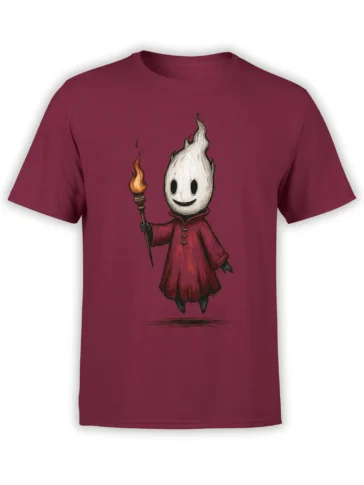 Red unisex t-shirt with a cute floating ghost in a red robe holding a flaming torch, drawn in a whimsical dark fantasy style.