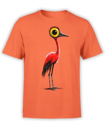 orange unisex t-shirt with tall red cartoon bird featuring a huge yellow eye and skinny legs standing in the center