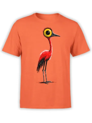orange unisex t-shirt with tall red cartoon bird featuring a huge yellow eye and skinny legs standing in the center