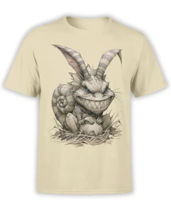 Beige unisex T-shirt with a creepy rabbit monster illustration, striped ears, snail shell back and sharp grin crouching over an egg in a nest
