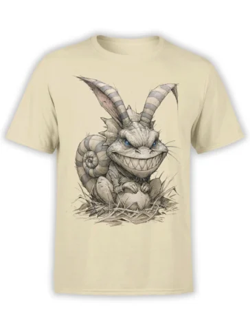 Beige unisex T-shirt with a creepy rabbit monster illustration, striped ears, snail shell back and sharp grin crouching over an egg in a nest
