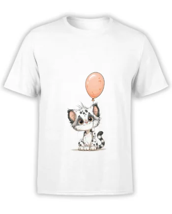 White unisex t-shirt with a cute spotted kitten holding a peach balloon printed on the front in a soft, pastel illustration style