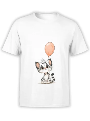 White unisex t-shirt with a cute spotted kitten holding a peach balloon printed on the front in a soft, pastel illustration style