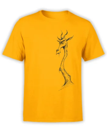 Yellow unisex t-shirt with minimalist horned goat sketch printed off-center on the chest for a subtle artistic look
