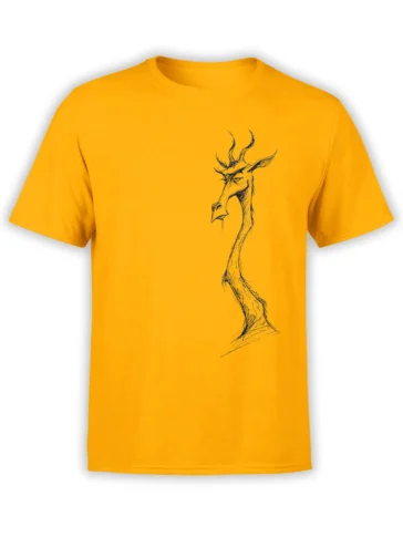 Yellow unisex t-shirt with minimalist horned goat sketch printed off-center on the chest for a subtle artistic look