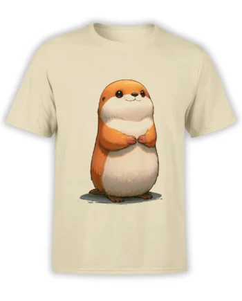beige unisex t-shirt with a cute chubby orange and cream hamster illustration standing upright with folded paws