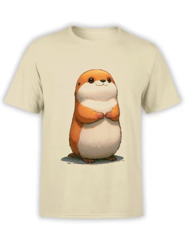 beige unisex t-shirt with a cute chubby orange and cream hamster illustration standing upright with folded paws