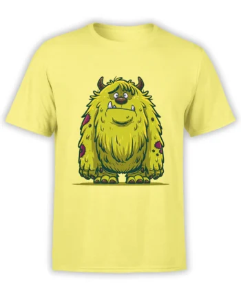 yellow unisex t-shirt with a cartoon yellow-green furry monster with horns and a sad cute face centered on the chest