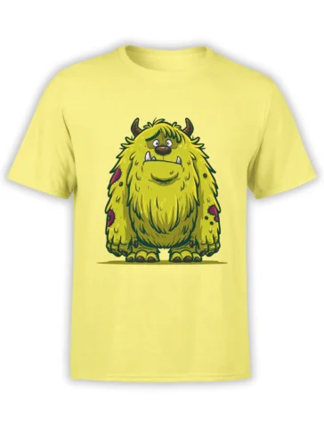 yellow unisex t-shirt with a cartoon yellow-green furry monster with horns and a sad cute face centered on the chest