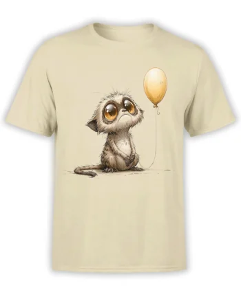 Beige unisex t-shirt with a cute scruffy big-eyed creature holding a yellow balloon in the center of the chest