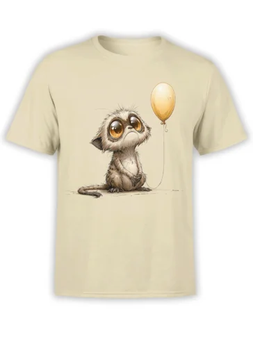 Beige unisex t-shirt with a cute scruffy big-eyed creature holding a yellow balloon in the center of the chest
