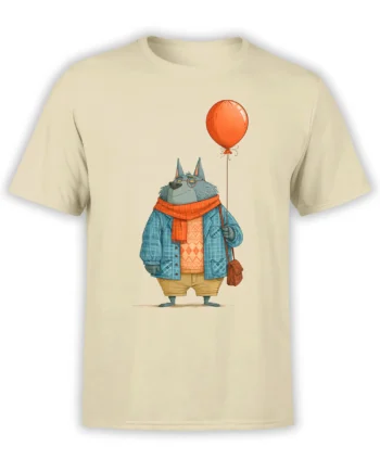 Beige unisex t-shirt with whimsical hipster wolf in blue coat and orange scarf holding a bright red balloon