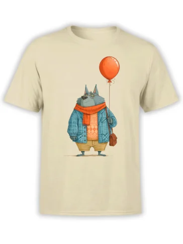 Beige unisex t-shirt with whimsical hipster wolf in blue coat and orange scarf holding a bright red balloon