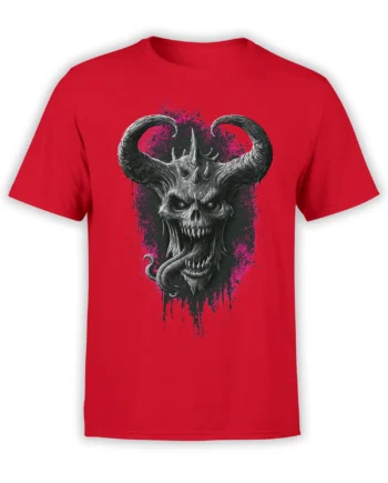 Red unisex T-shirt with large horned demon skull and serpent tongue graphic over black and pink splatter background