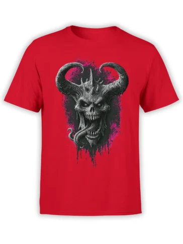 Red unisex T-shirt with large horned demon skull and serpent tongue graphic over black and pink splatter background