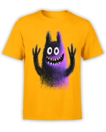 Bright yellow unisex t-shirt with a playful purple scribble monster raising its hands and flashing a toothy grin on the chest