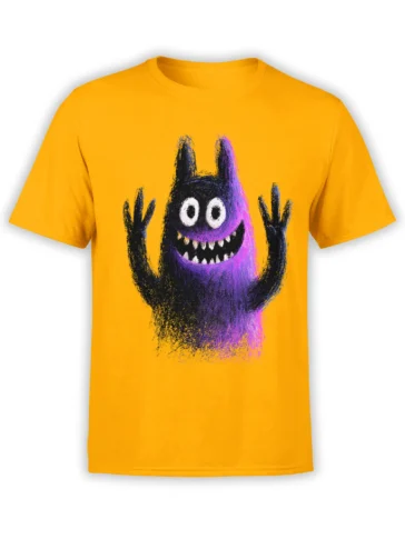 Bright yellow unisex t-shirt with a playful purple scribble monster raising its hands and flashing a toothy grin on the chest