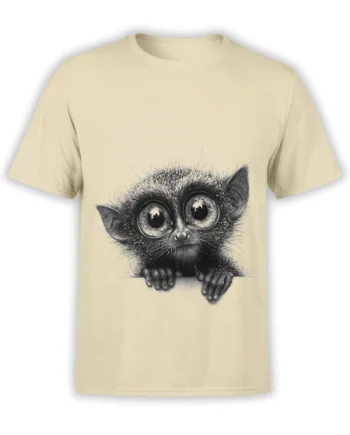 beige unisex t-shirt featuring a detailed black and white tarsier with huge eyes peeking over an edge