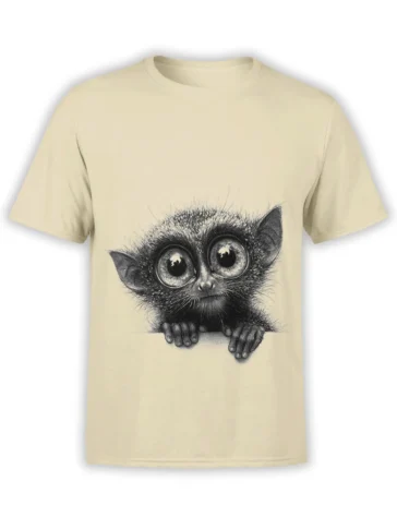 beige unisex t-shirt featuring a detailed black and white tarsier with huge eyes peeking over an edge
