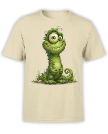 Beige unisex t-shirt with a cute goofy green dinosaur cartoon standing in grass, big eyes and a chubby belly printed on the front center