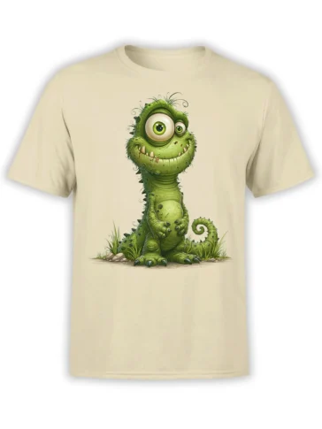 Beige unisex t-shirt with a cute goofy green dinosaur cartoon standing in grass, big eyes and a chubby belly printed on the front center