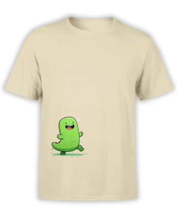 beige unisex t-shirt with a cute green cartoon dinosaur walking happily in the center of the chest