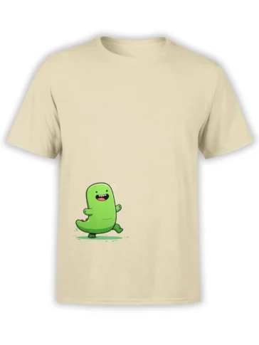 beige unisex t-shirt with a cute green cartoon dinosaur walking happily in the center of the chest