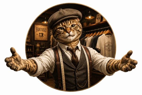 Tico Fantucci, a vintage tailor cat, warmly welcomes visitors with open arms in front of a circular atelier background.