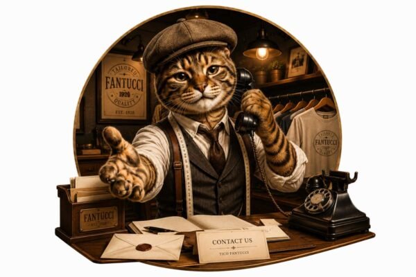 Tico Fantucci, the vintage tailor cat, welcomes visitors while holding a telephone at a classic atelier contact desk.