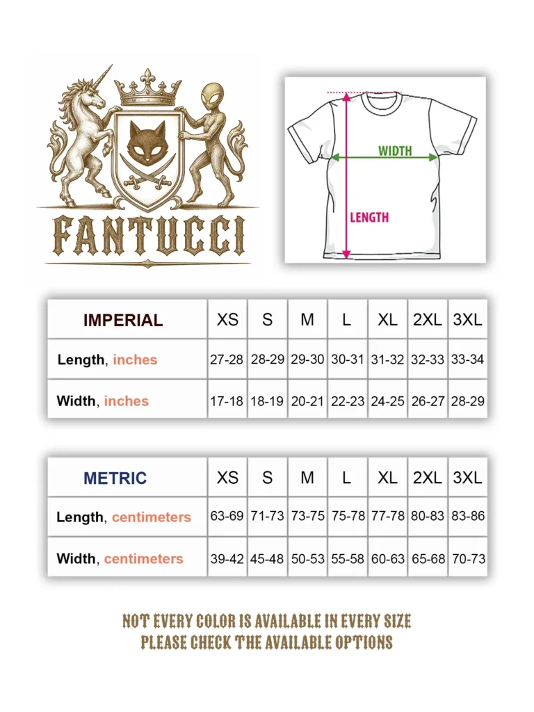 FANTUCCI T-shirt size chart with imperial and metric measurements for length and width