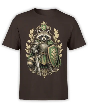 Brown unisex t-shirt with detailed fantasy raccoon knight in armor holding a sword and shield with oak crest
