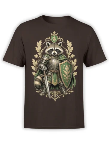 Brown unisex t-shirt with detailed fantasy raccoon knight in armor holding a sword and shield with oak crest