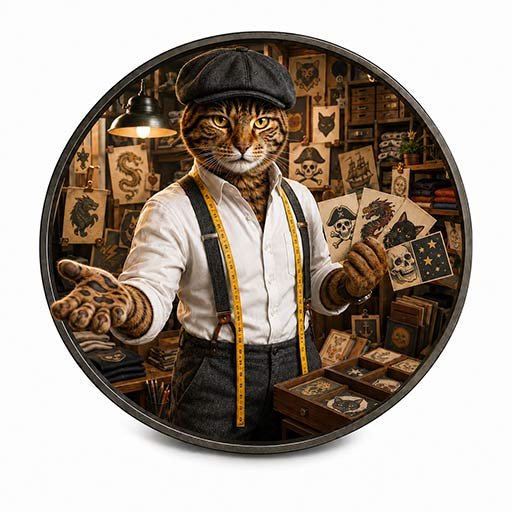 Tico Fantucci Match Your Inner Chaos | FANTUCCI Tico Fantucci cat mascot with design cards in creative T-shirt atelier