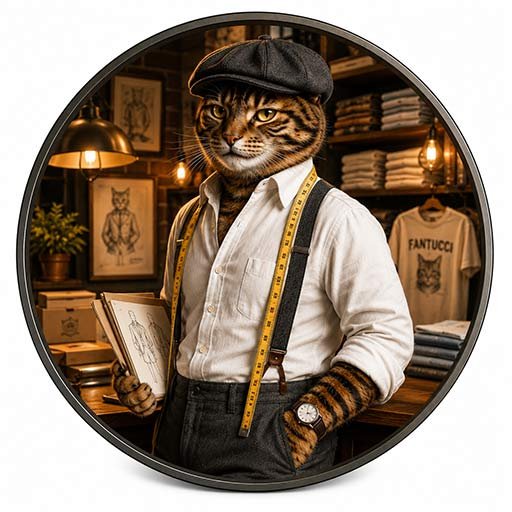 Tico Fantucci Cat Mascot in T-Shirt Atelier | FANTUCCI Alt Text Tico Fantucci cat mascot in warm T-shirt atelier for FANTUCCI graphic tees