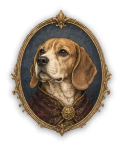 Beagle vintage heraldic scent hound badge with curious friendly expression and ornate frame