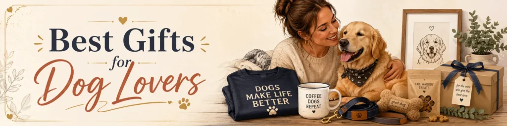 Best gifts for dog lovers banner with a smiling woman, golden retriever, dog-themed T-shirt, mug, leash, treats, toy, framed dog art, and wrapped gift box.