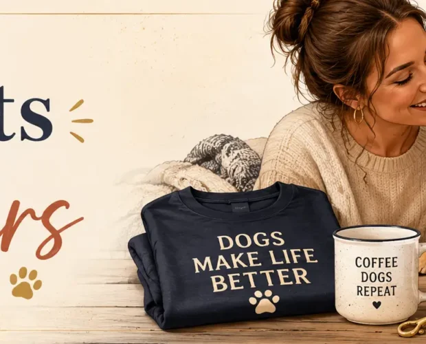 Best gifts for dog lovers banner with a smiling woman, golden retriever, dog-themed T-shirt, mug, leash, treats, toy, framed dog art, and wrapped gift box.