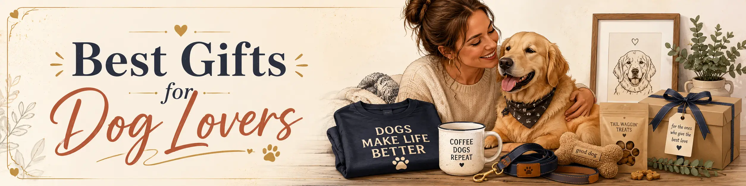 Best gifts for dog lovers banner with a smiling woman, golden retriever, dog-themed T-shirt, mug, leash, treats, toy, framed dog art, and wrapped gift box.