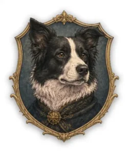 Border Collie heraldic working dog badge with focused intelligent expression and ornate frame