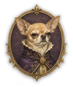 Chihuahua vintage heraldic portrait medallion with bold tiny noble expression and ornate frame