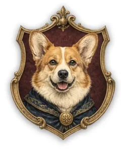 Corgi royal heraldic dog portrait badge with cheerful expression and ornate vintage frame